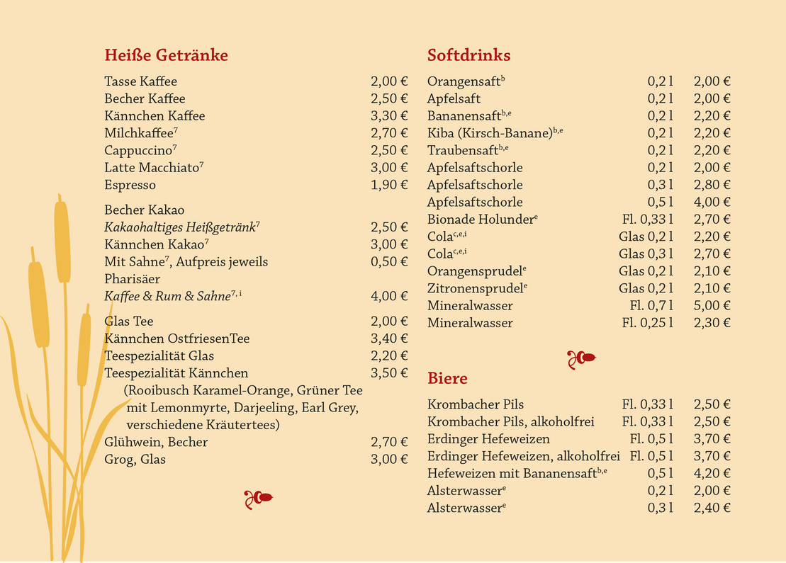 Speisekarte Café am Flötenteich in Oldenburg - Kaffee, Säfte, Alkoholische Getränke